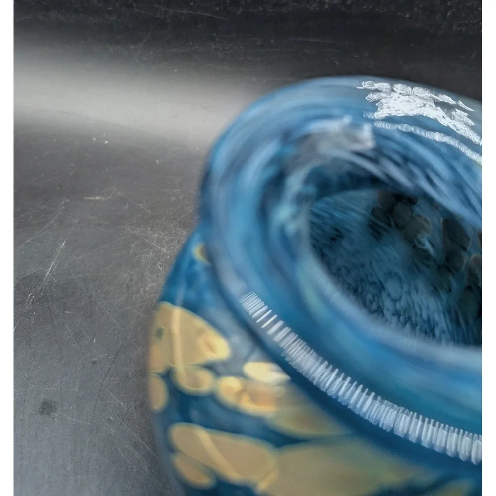 Hand Blown Blue Art Glass Vase Swirl Pebble Pattern Metallic Accents Artisan 6